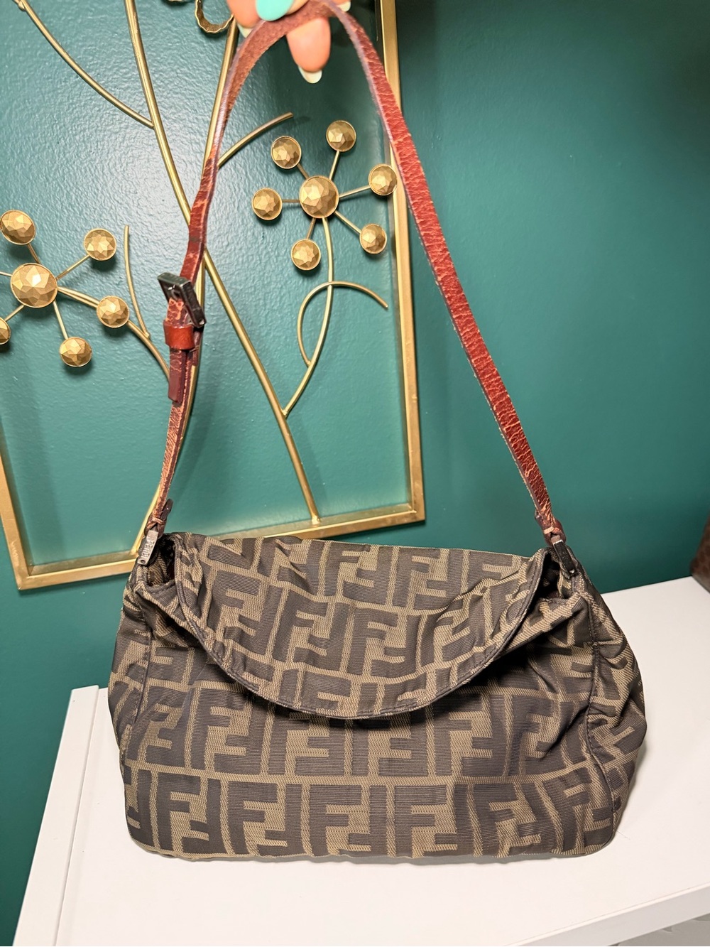 Fendi Brown Zucca FF Logo Shoulder Bag with Leather Strap